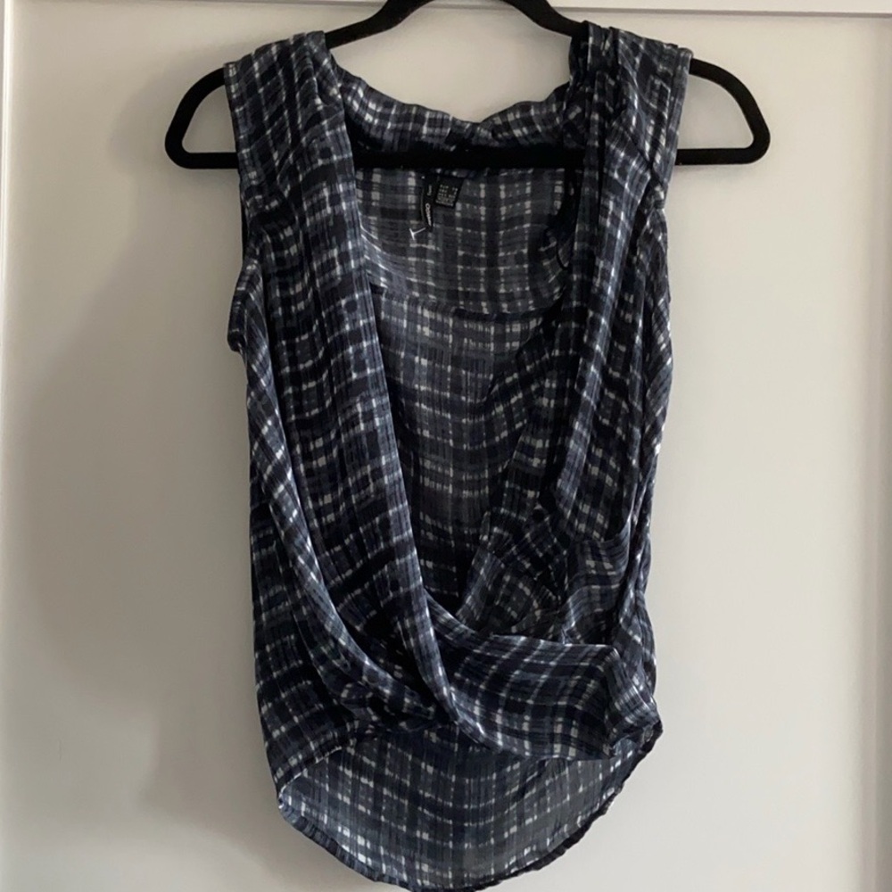 Mango Navy Checkered Sleeveless Blouse